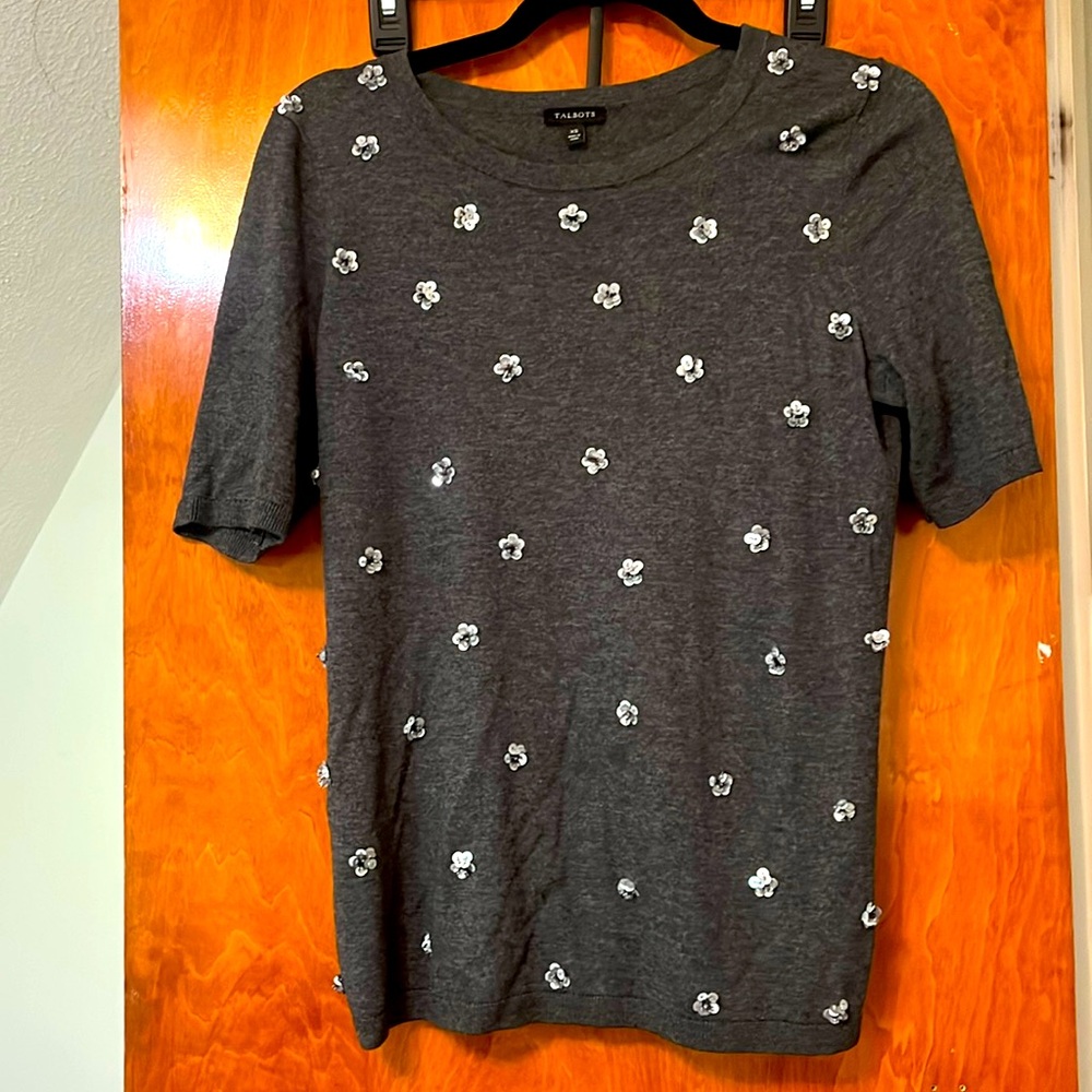 TALBOTS Flower Sequins Short Sleeve Top